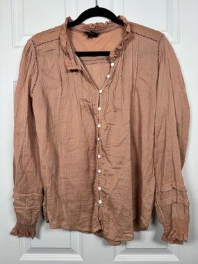 Quince Organic Cotton Blouse Boho Prairie Ruffle Button Top L